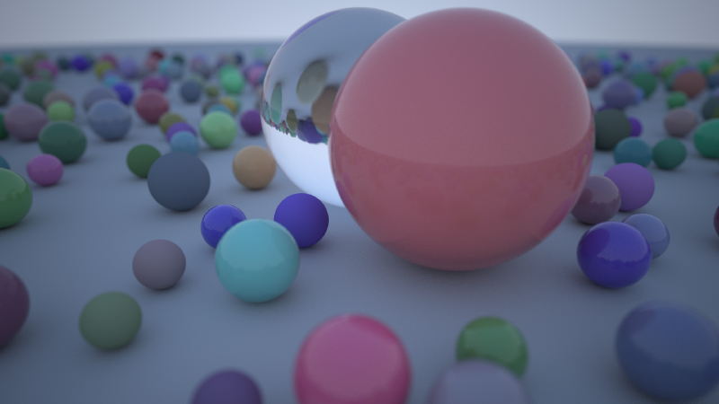 A 1080p 400 spp render showcasing dielectrics with Fresnel and a simpler analytic coated diffuse material in Indus